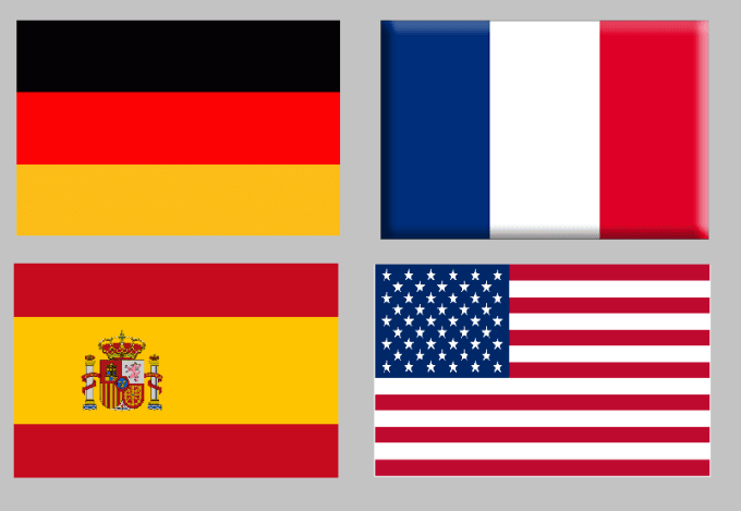 Flags of Germany, France, Spain, and the United States